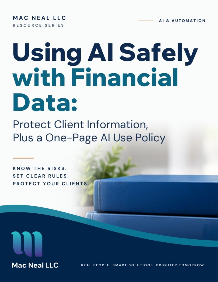 Cover of the guide Using AI Safely with Financial Data: Protect Client Information, Plus a One-Page AI Use Policy