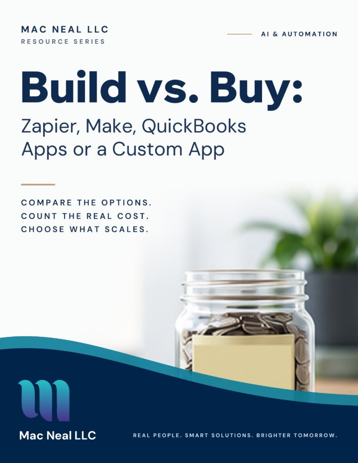Cover of the guide Build vs. Buy: Zapier, Make, QuickBooks Apps or a Custom App