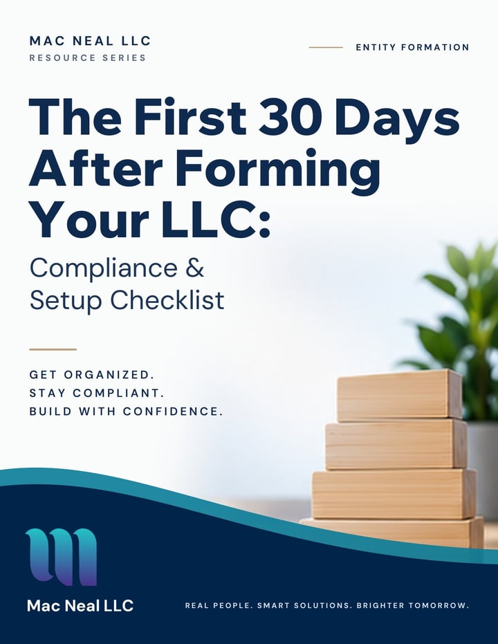Cover of the guide The First 30 Days After Forming Your LLC: Compliance & Setup Checklist